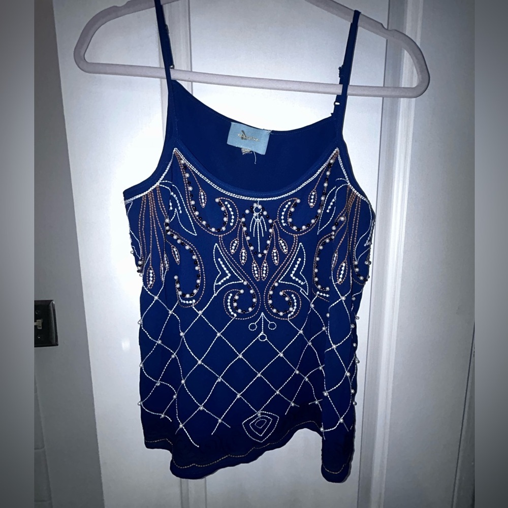 $15 sale Skies are Blue Beaded Pearl Embroidered Blue Top M Anthropologie 69